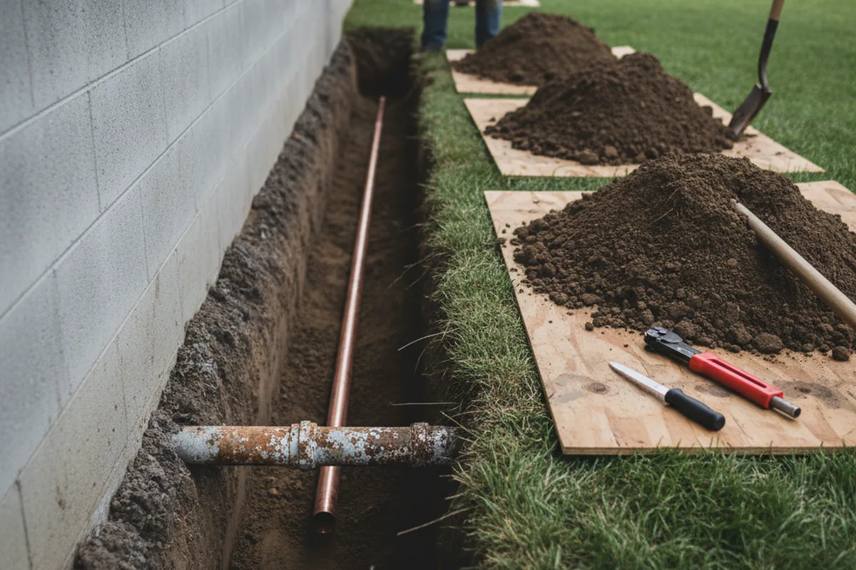 Excavated water line trench during Water Softener Installation in Lake Como